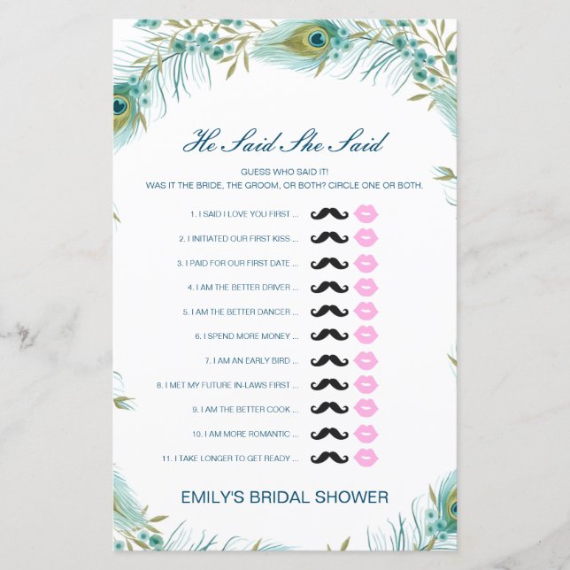 Lámina Editable Dijo Que Dijo Juego De Ducha De Boda (Anverso)