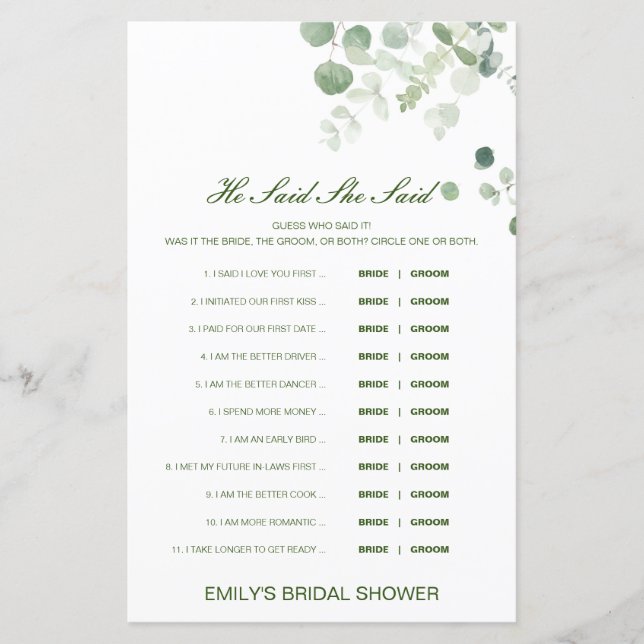 Lámina Editable Dijo Que Dijo Juego De Ducha De Boda (Anverso)