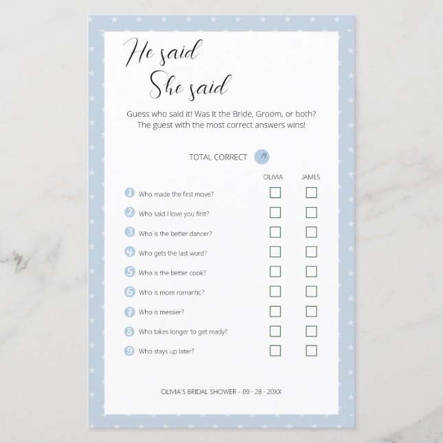 Lámina Editable Dijo Que Dijo Juego De Ducha De Boda, (Anverso)