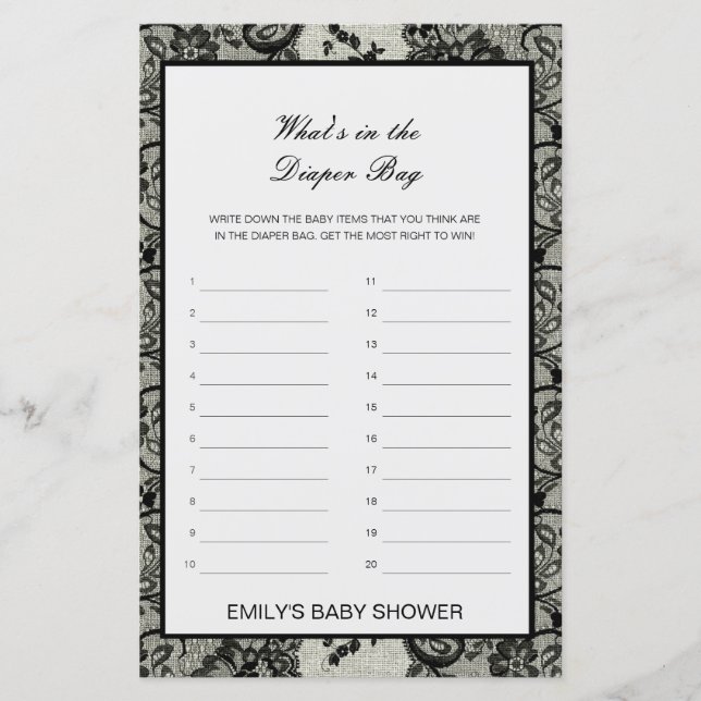 Lámina Editable Qué hay en el juego de Baby Shower de la  (Anverso)