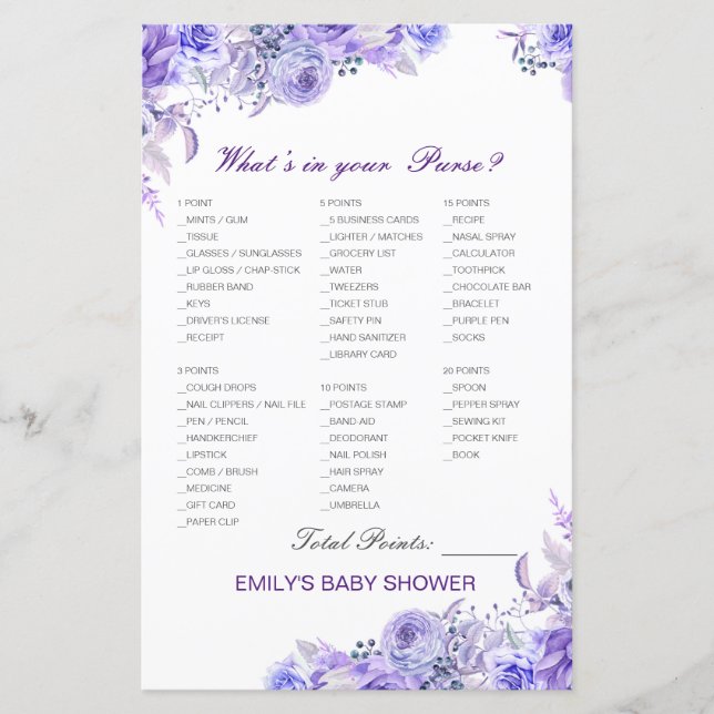 Lámina Editable What's on your Purse Bridal, Baby Shower (Anverso)