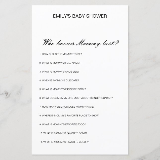 Lámina Editable Who Knmy Best Baby Shower Game (Anverso)