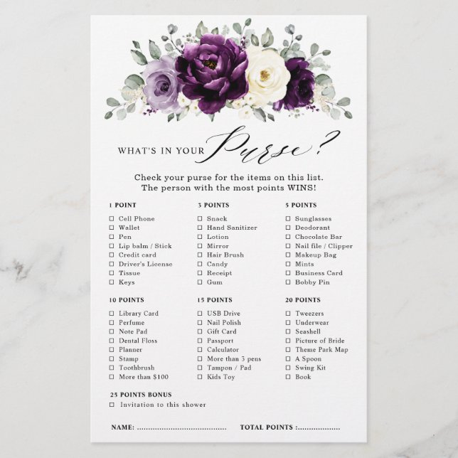 Lámina Eggplant Purple Plum Ivory Boho Bridal Shower Game (Anverso)