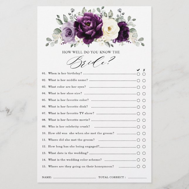 Lámina Eggplant Purple Plum Ivory Bridal Shower Game (Anverso)