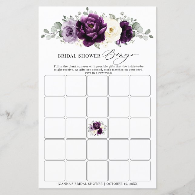 Lámina Eggplant Purple Plum Marfil Bridal Shower Bingo (Anverso)