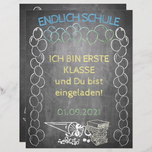 Lámina Einladungskarte zur Einschulung im Tafelstil (Anverso / Reverso)