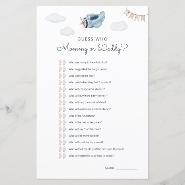 Lámina El avión de aventura Baby Shower adivina quién es (Anverso)