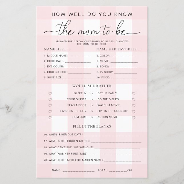 Lámina El Baby Shower rosado de Gingham conoce a la futur (Anverso)