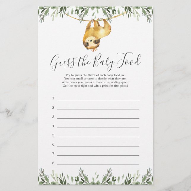 Lámina El Baby Shower Sloth Adivina El juego de la comida (Anverso)
