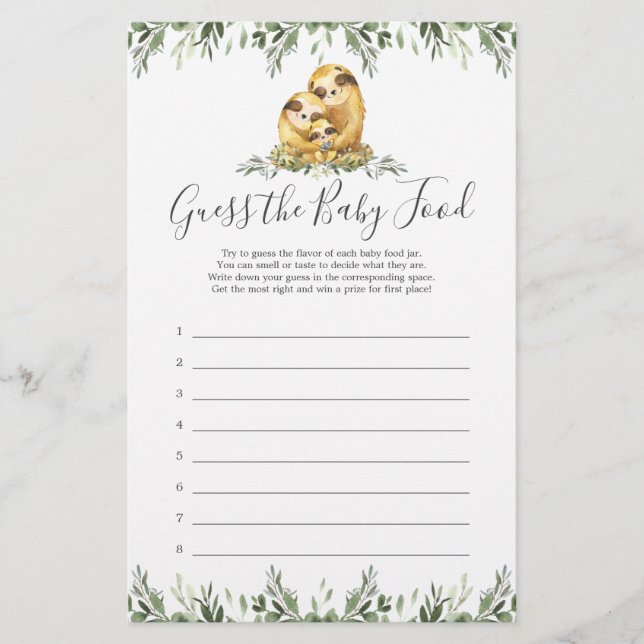 Lámina El Baby Shower Sloth Adivina La Comida Del Bebé (Anverso)