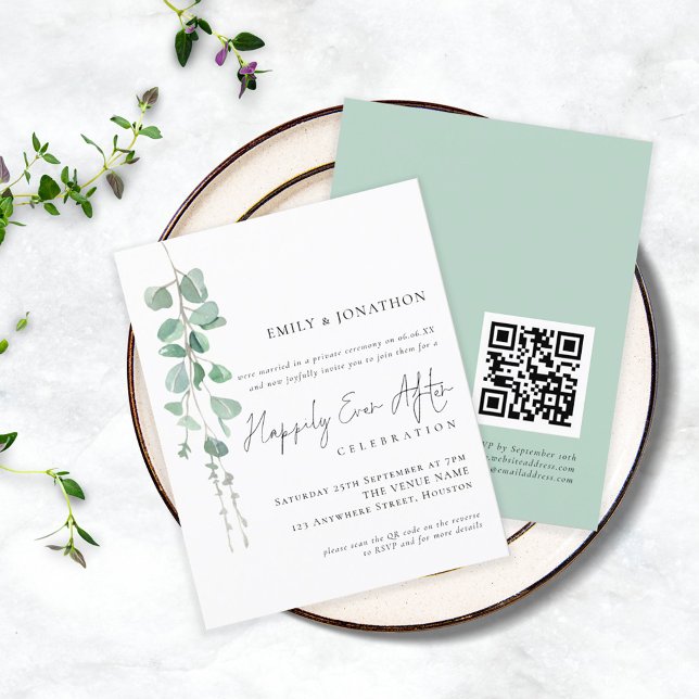 Lámina El Boda QR de Eucalyptus Presupuestario es feliz N (Front and back view. Smaller 4.5 x 5.6" budget price)