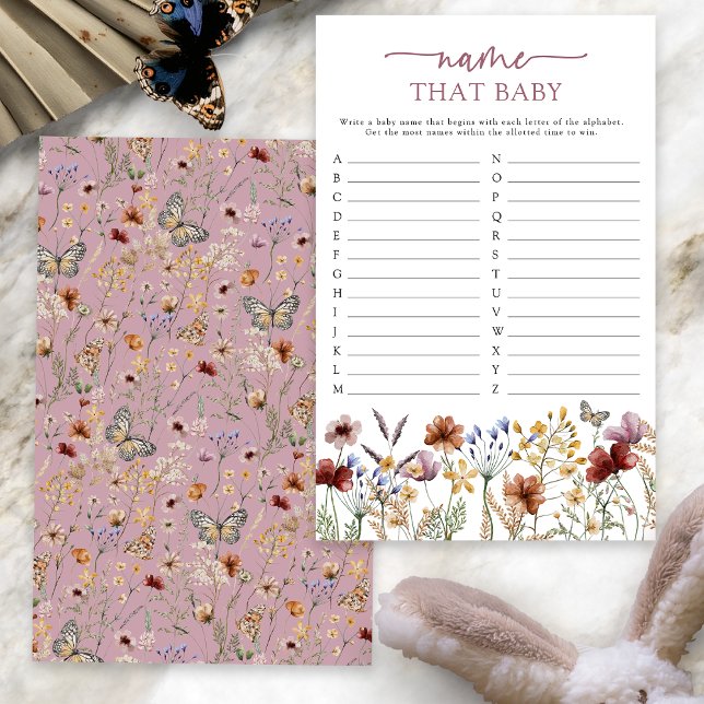 Lámina El Boho Rosa Nombre Ese Juego De Bebé (Dusty Pink Boho Floral Name That Baby Game Card with Butterfly by Painted Paperie
)