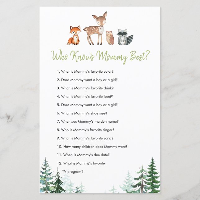 Lámina El bosque de bosques Baby Shower que conoce mejor  (Anverso)