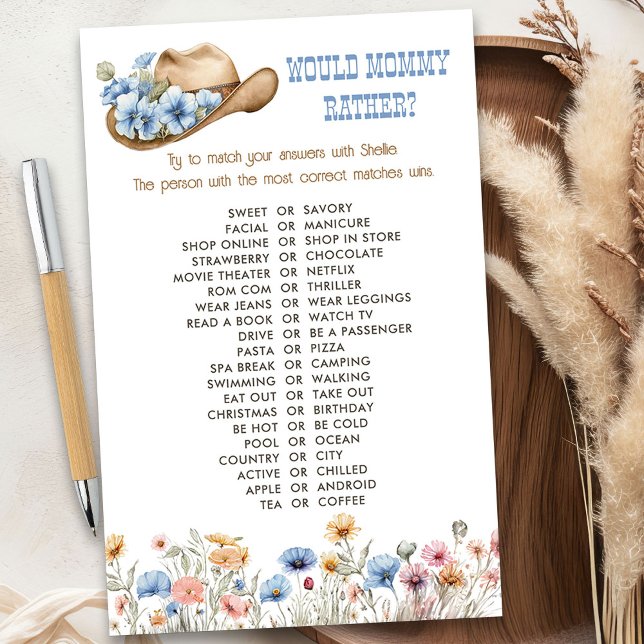 Lámina El Cowboy De Flores Silvestres Iba A Mamar Un Jueg (Would mommy rather game from the Boho Elephant Baby Shower Collection by Darling & May)