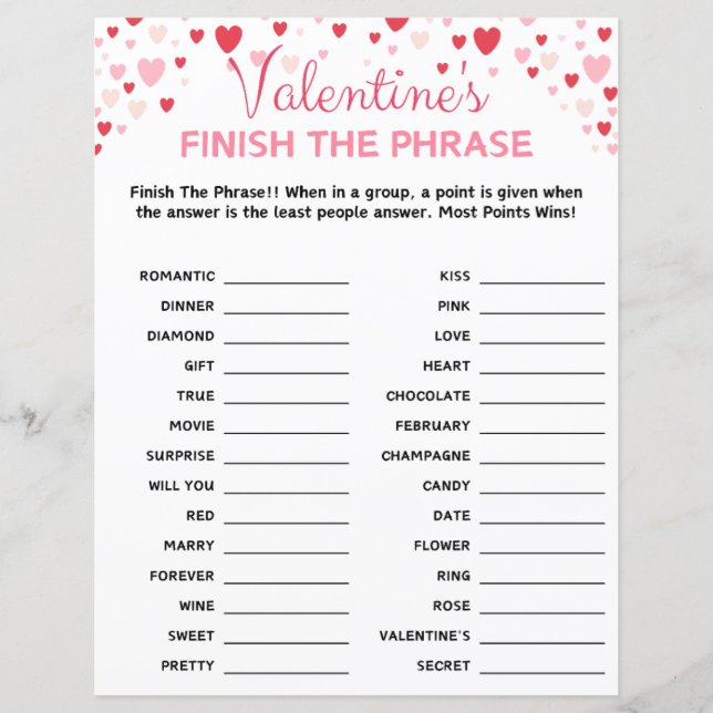 Lámina El día de San Valentín Finalizar El Juego De Frase (Anverso)