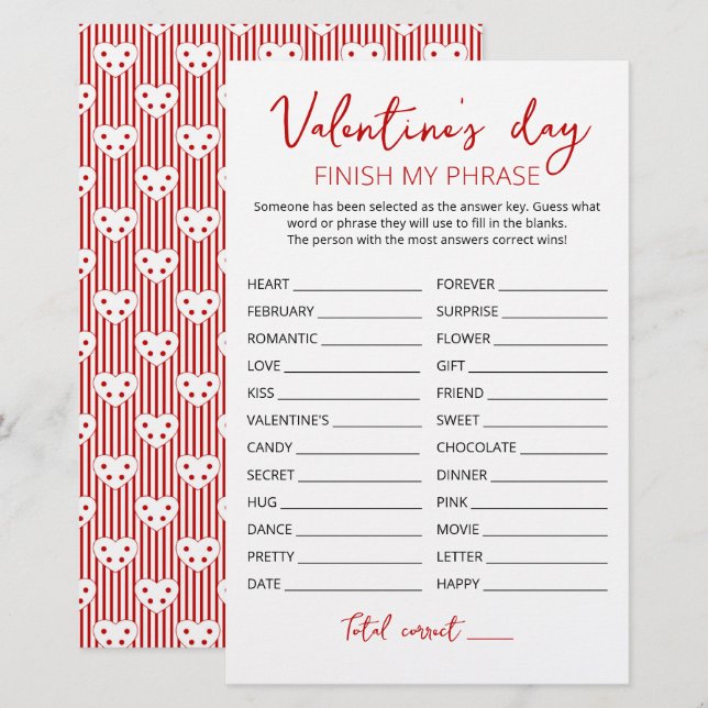 Lámina El día de San Valentín Finalizar mi frase Juego ed (Anverso / Reverso)