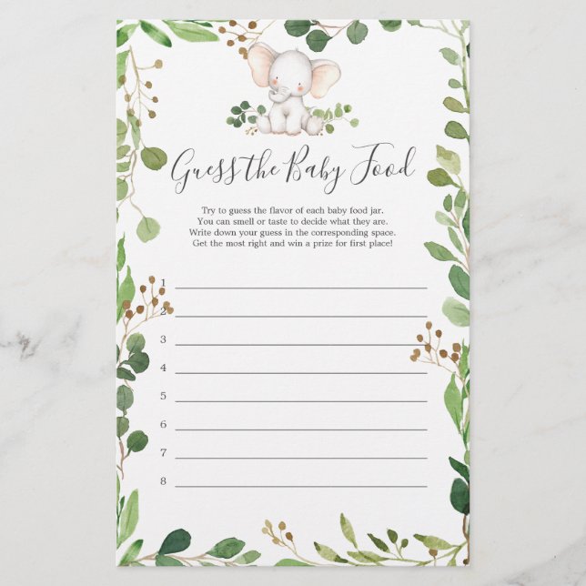 Lámina El elefante Baby Shower adivina la comida del bebé (Anverso)