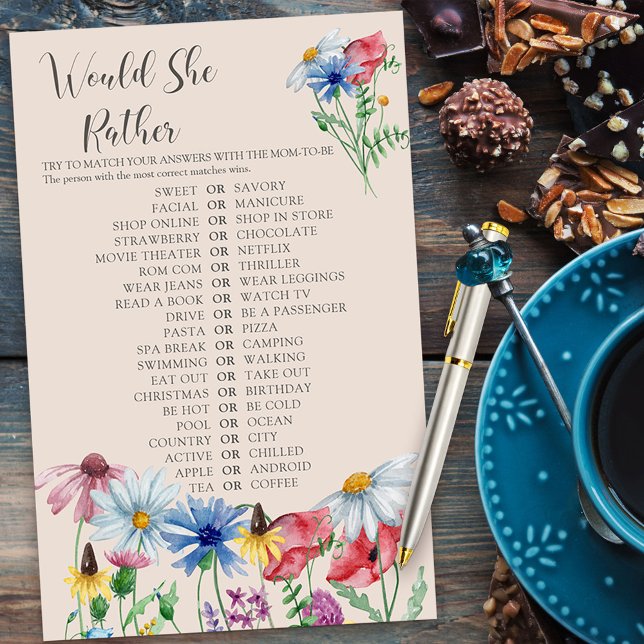 Lámina El Encanto De Las Flores Silvestres Preferiría Un  (Would She Rather Bridal Shower Game from my Wildflower Charm collection)