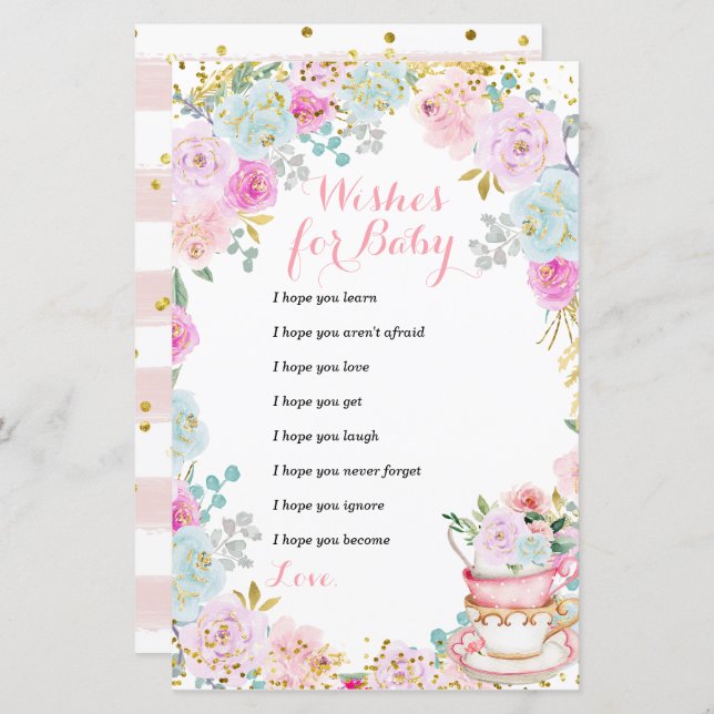 Lámina El Fiesta de té Pastel Flores desea un bebé (Anverso / Reverso)