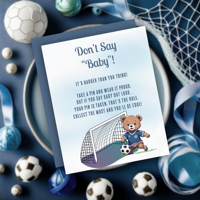 Lámina El futbolín del chico no dice juego del bebé (Cute Blue Teddy Bear Soccer Player Boy Baby Shower "Don't Say Baby!" Game Card)