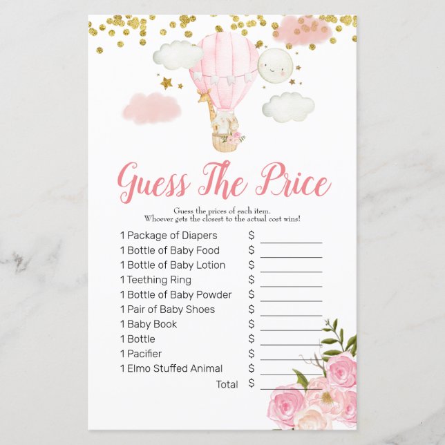 Lámina El globo de aire caliente rosa adivina el precio J (Anverso)