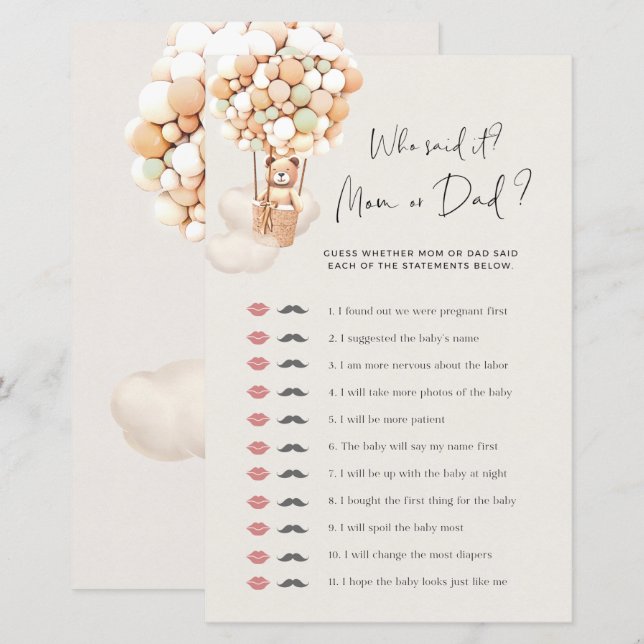 Lámina El juego de Baby Shower - ¿Quién lo dijo - mamá o  (Anverso / Reverso)