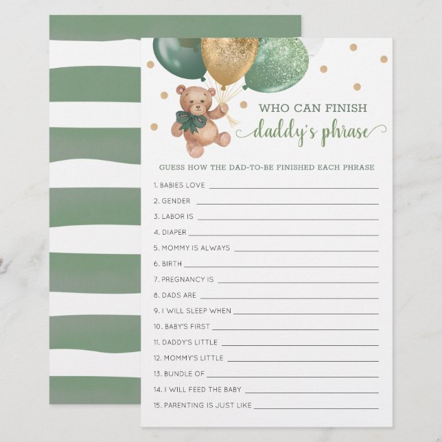 Lámina El juego de frases de Sage Baby Shower Daddy Teddy (Anverso / Reverso)