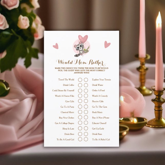 Lámina El Juego De Raccoon De Baby Shower Gustaría A Mamá (Cute Raccoon Baby Shower Game Would Mom Rather..)