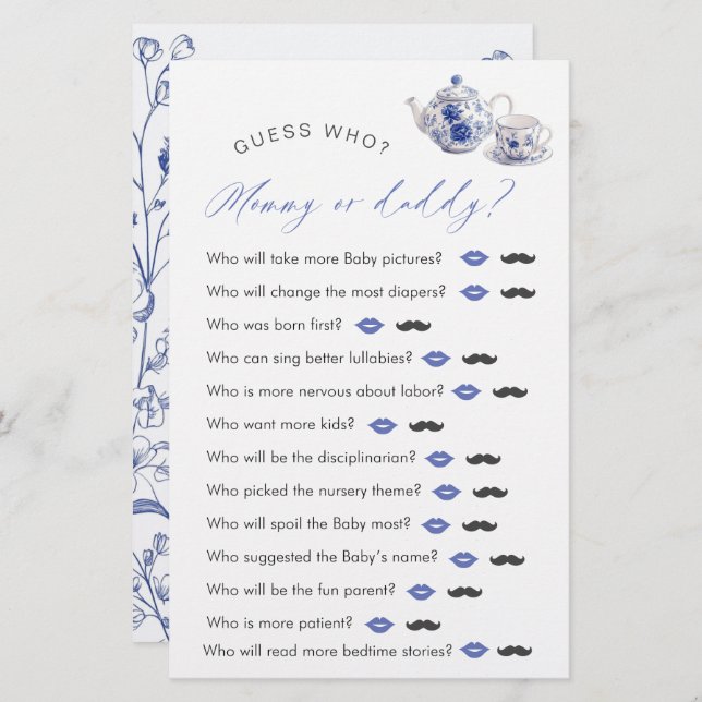 Lámina El juego del Tea Time Toile Tema Baby Shower "Adiv (Anverso / Reverso)