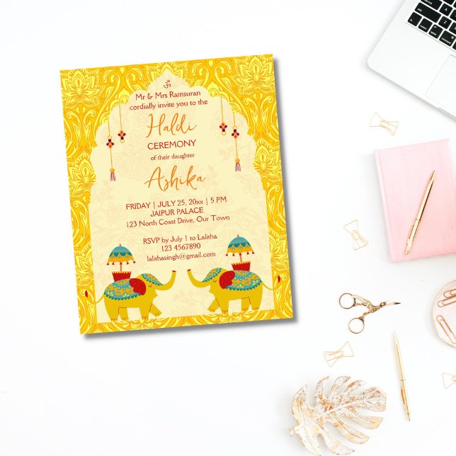 Lámina El presupuesto de los elefantes bodas indios, hald (Joly Indian wedding elephants yellow oriental pattern background Haldi Budget Invitation)