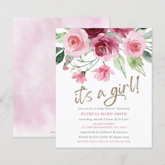 Lámina El presupuesto es un Baby Shower floral rosa chica (Anverso / Reverso)