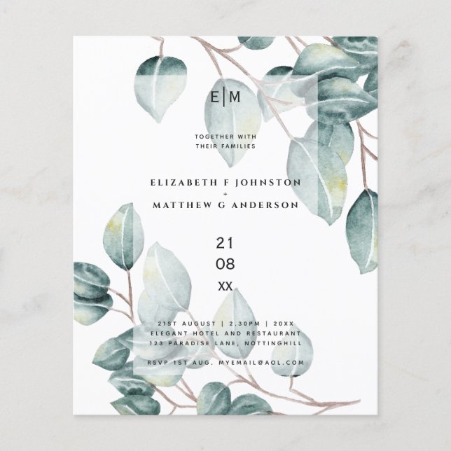 Lámina El presupuesto Eucalyptus Greenery deja invitacion (Anverso)