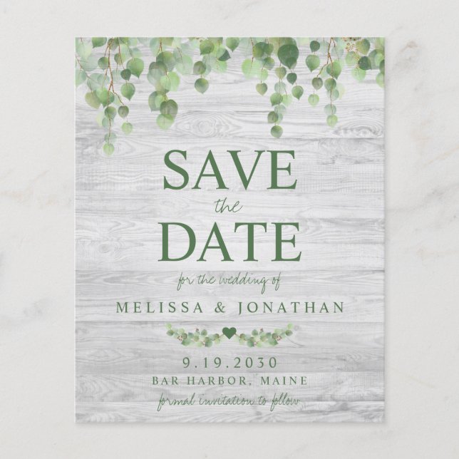 Lámina El presupuesto Eucalyptus Rustic Save the Date Pos (Anverso)