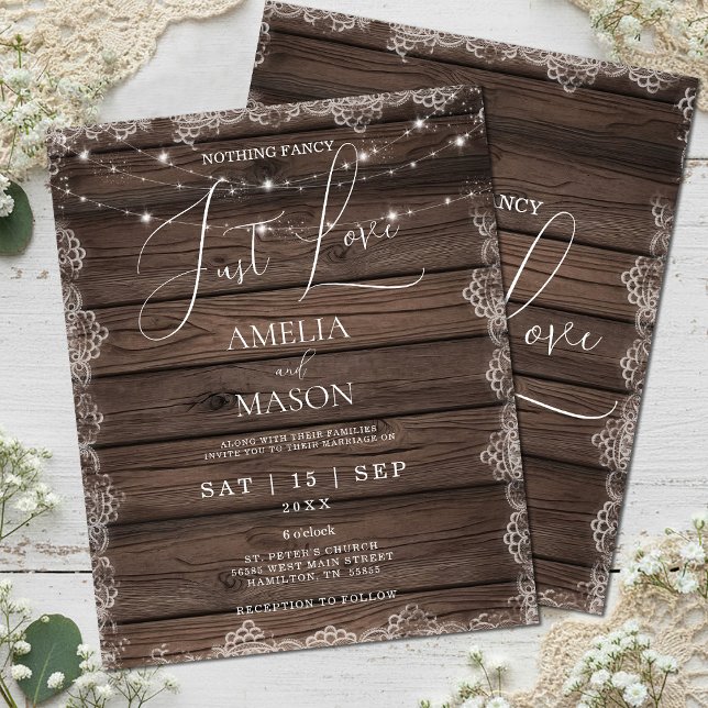 Lámina El presupuesto no tiene nada de malo solo quiere a (Budget Nothing Fancy Just Love Rustic Wood and Lace with String Lights Wedding Invitation)