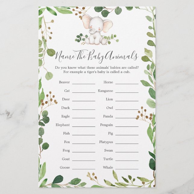 Lámina Elefante Baby Shower Llama A Los Animales Bebés (Anverso)