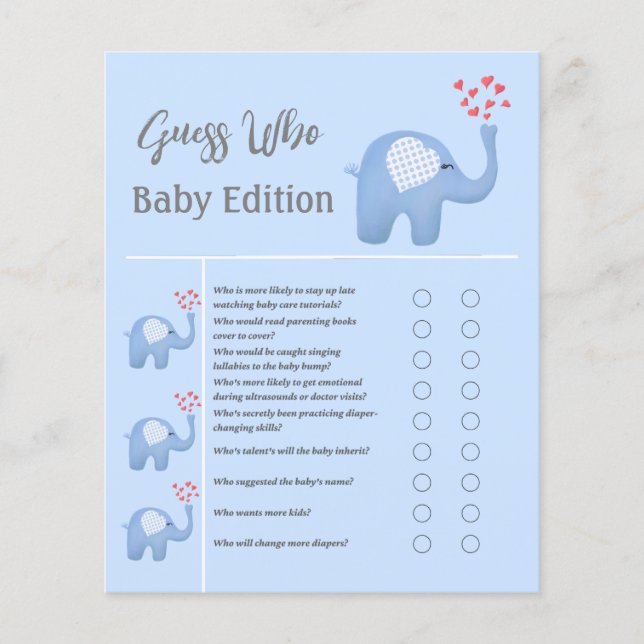 Lámina Elefante Bebé Soplando Corazones Adivina Quién (Anverso)