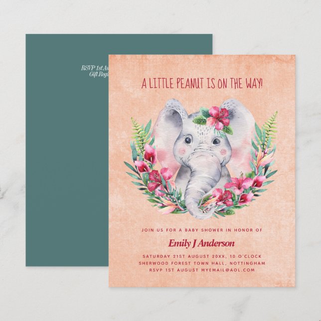 Lámina Elefante de presupuesto Baby Shower Invitar a Safa (Anverso / Reverso)