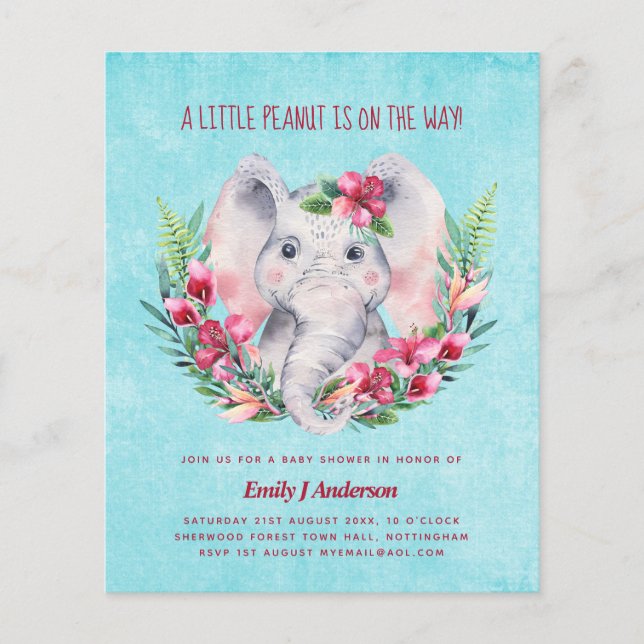 Lámina Elefante de presupuesto Baby Shower Invitar a Safa (Anverso)