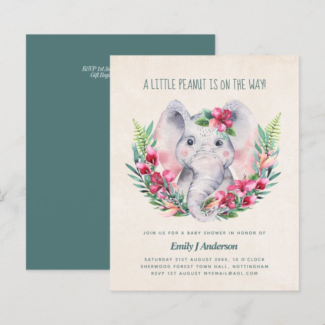 Lámina Elefante de presupuesto Baby Shower Invitar a Safa (Anverso / Reverso)