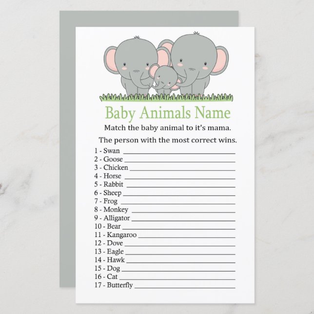 Lámina Elefante familiar Bebé Animales Nombre juego (Anverso / Reverso)
