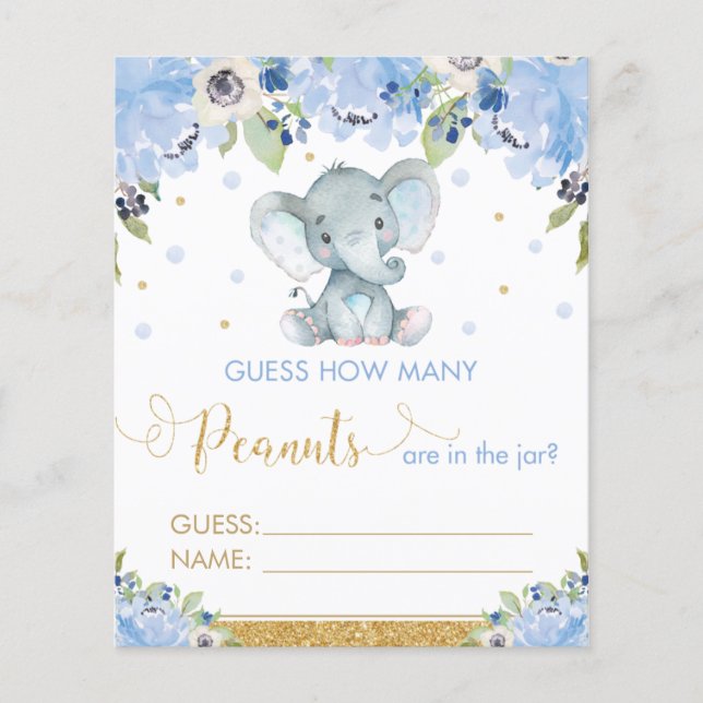 Lámina Elefante Floral Azul adivina cuántos cacahuetes ju (Anverso)
