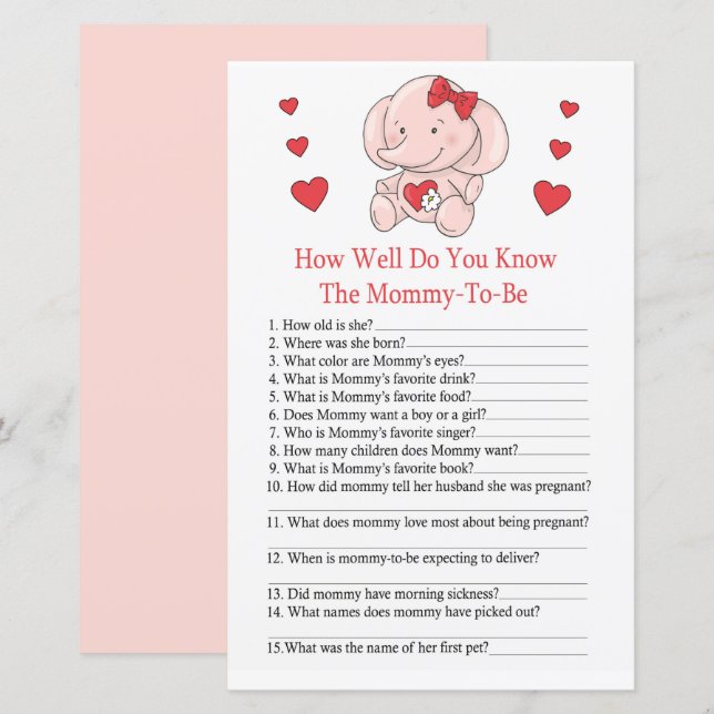 Lámina elefante Rosa ¿Qué tan bien conoce a baby showerga (Anverso / Reverso)