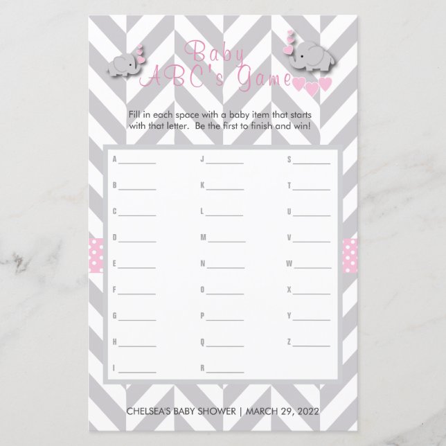 Lámina Elefante rosa y gris Baby Shower - Juego de ABC (Anverso)