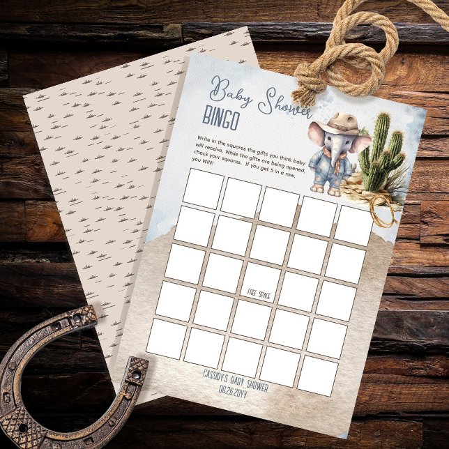 Lámina Elefante Rústico Cowboy Boy Baby Shower Bingo (Rustic Western Elephant Cowboy Boy Baby Shower Bingo Game)