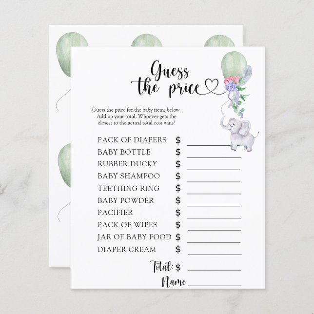 Lámina Elefante y globo - ¡Adivinen el precio! Juego (Anverso / Reverso)