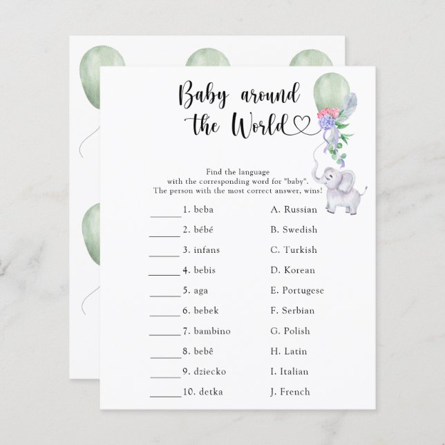 Lámina Elefante y globo - Bebé alrededor del mundo (Anverso / Reverso)