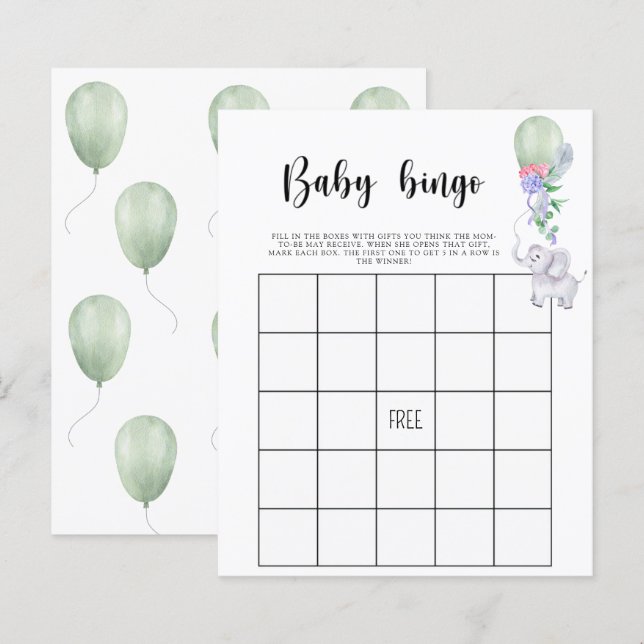 Lámina Elefante y globo - Juego de bingo para ducha bebé (Anverso / Reverso)