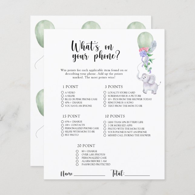 Lámina Elefante y globo - Qué hay en tu juego de teléfono (Anverso / Reverso)