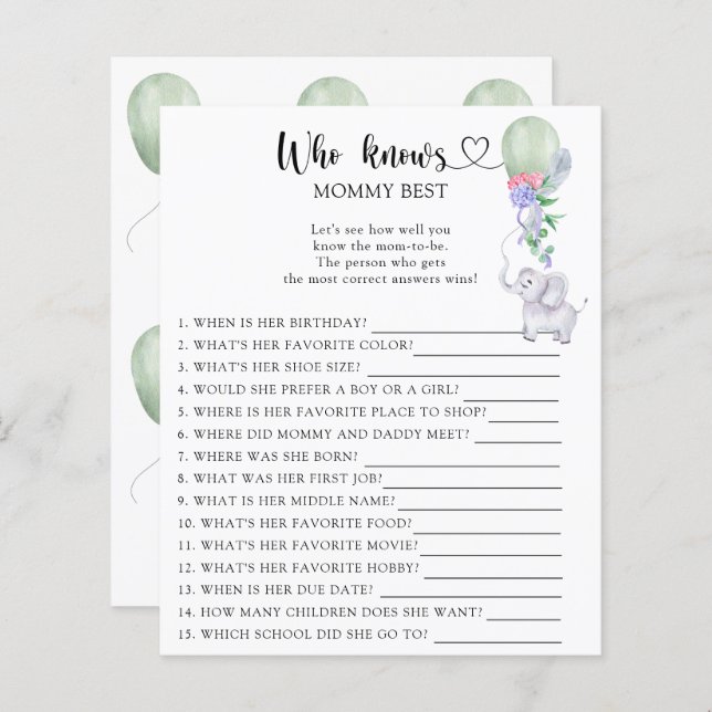 Lámina Elefante y globo - Quién conoce mejor a mamá (Anverso / Reverso)