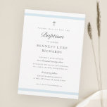 Lámina Elegancia moderna Niños Baptismo Invitación<br><div class="desc">La clásica invitación al bautismo de rayas es una invitación moderna y limpia que presenta tiras azules suaves y una cruz. El tipo de personalizable gris le permite cambiar toda la información de la tarjeta a su gusto. Perfecto para el bautismo de un niño pequeño.</div>